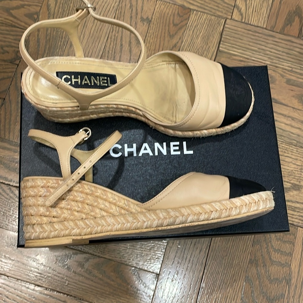 CHANEL Espadrilles Sandals Black Beige Wedge CC Captoe